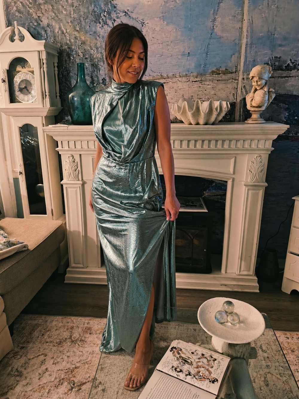 ASOS Metallic Teal High-Nen Evening Maxi Dress